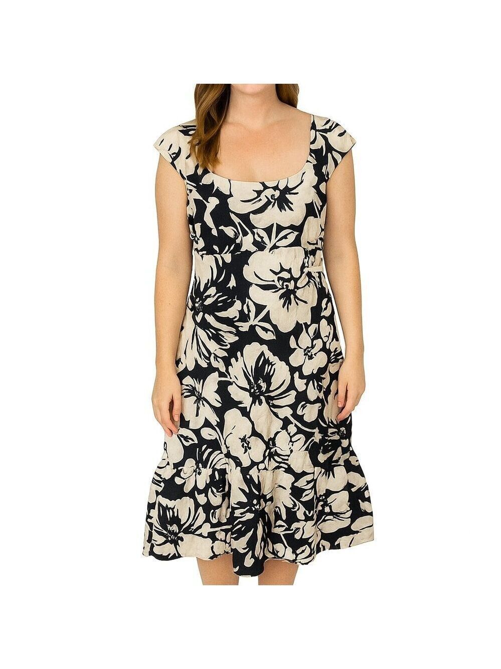 Ann Taylor Silk Dress 6 White Brown Floral Fit & Flare Cap Sleeve Garden Party